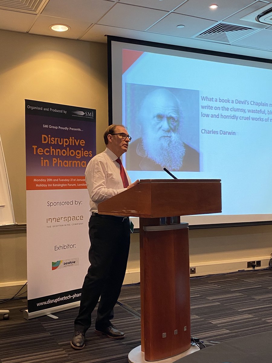 OnDigitalHealth's tweet photo. Professor Brian Smith, our first speaker of the day, sharing Darwin’s likely view of the modern #Pharmaceutical industry, its evolution and of disruptive #innovation. #smidisruptive #digitalhealth #charlesdarwin #DigitalTransformation https://t.co/RkswbDm0Qb