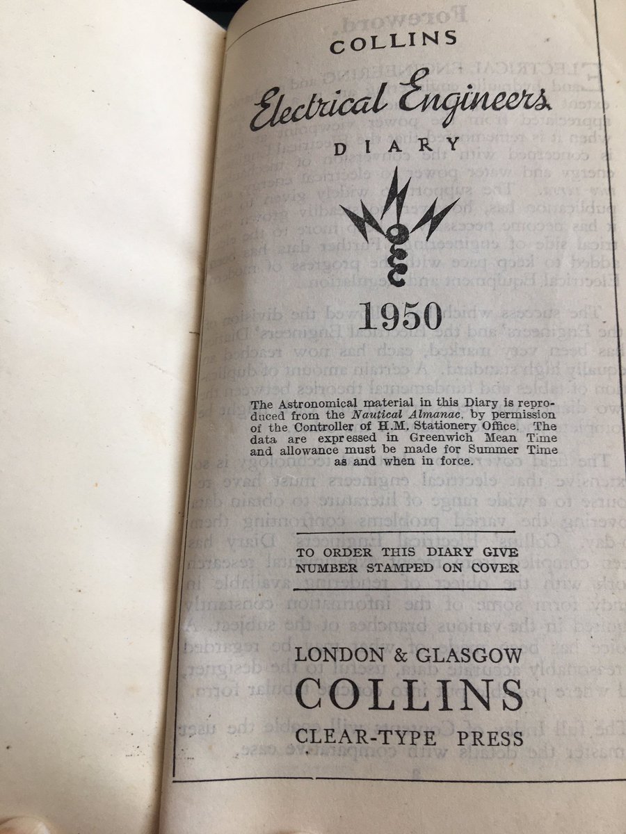 Fly leaf for Collins Electrical Engineers pocket diary, date: 1950