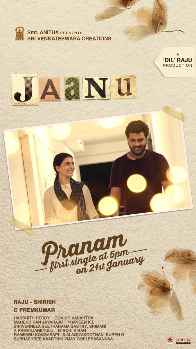 TeamSharwa's tweet photo. A melody that will make your heart melt! Get ready for #Pranam, the first single from #Sharwanand and @Samanthaprabhu2's much-awaited film #Jaanu, at 5PM tomorrow...

@SVC_Official @premkumar1710 @Govind_Vasantha #JMahendran @CinemaInMyGenes @Rajkamal0069 https://t.co/KRDhYntYPe