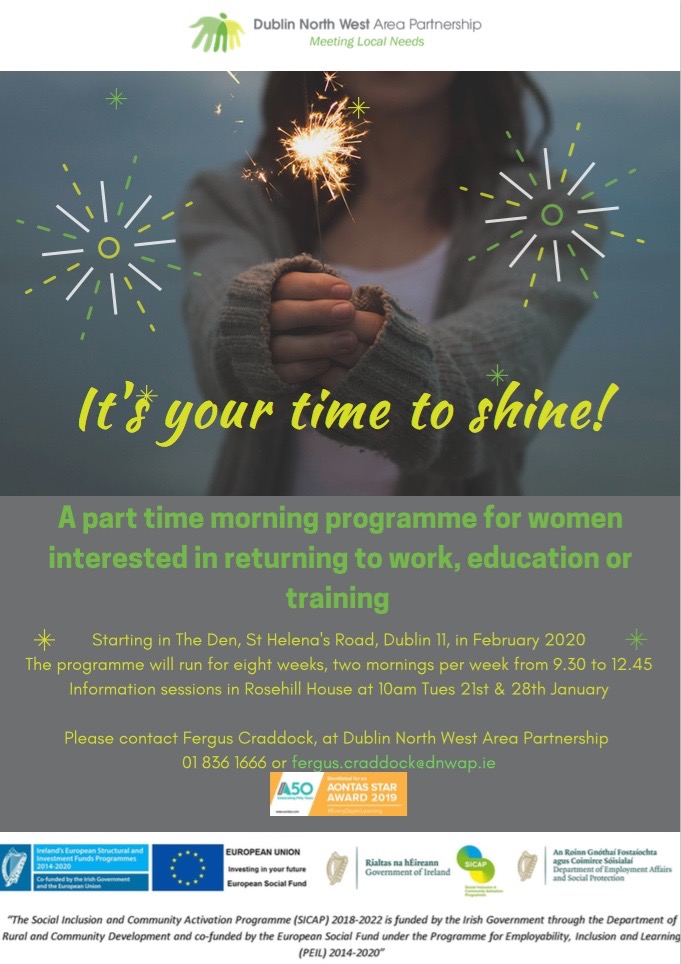 DNPartnership's tweet photo. Your Time to Shine
Please see posters below for "Your Time to Shine programme" which we are currently promoting across both the Ballymun and Finglas areas for an early February start.
Contact Fergus Craddock for more information Tel 01 836 1 666 https://t.co/nZ8PJajftt