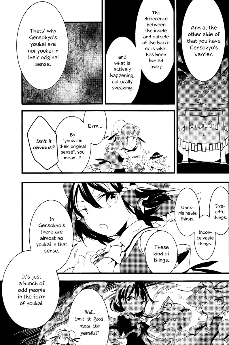 Intense over-interest leads to Info Dumping, where an autistic person takes a Special Interest—such as Youkai—and delivers an unabridged lecture on the topic.Marisa's seen Reimu do this so many times she immediately laughs. This one needs a time skip. More poor volume control!