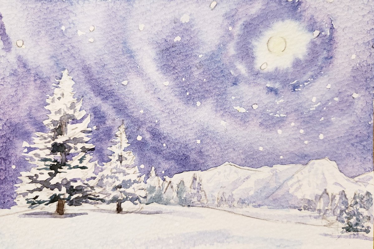 絵画手がき肉筆画 冬 雪景色 雪が美しく降っている風景画 | www