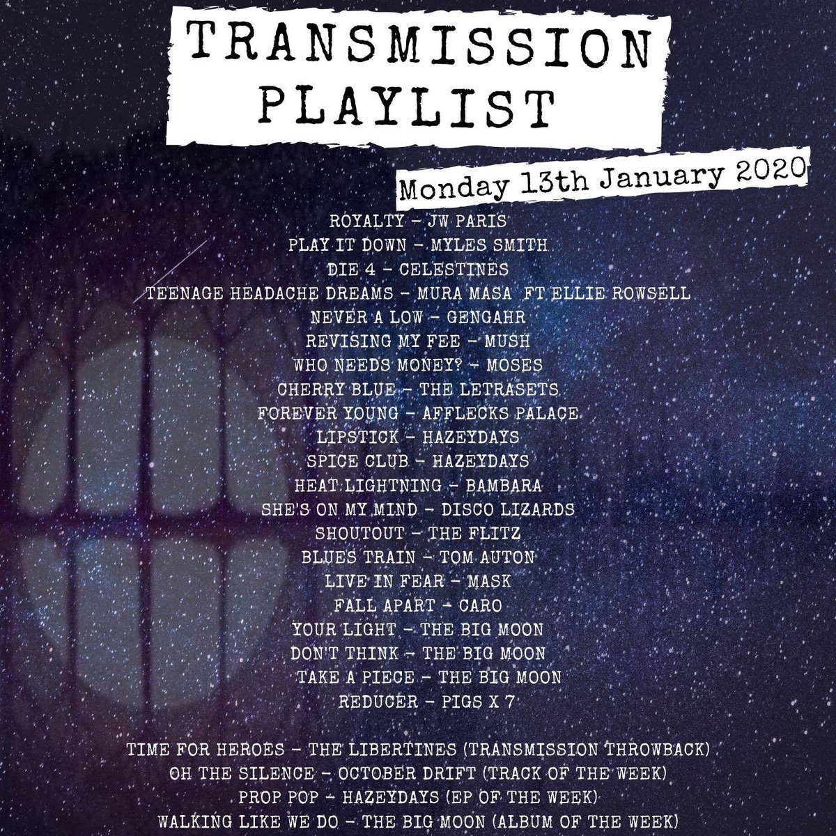 Missed our last show? We played: <a href="/jwparismusic/">JW PARIS</a> <a href="/MylesSmithUK/">Myles Smith</a> <a href="/mura_masa_/">xander</a> <a href="/wearecelestines/">Celestines</a> <a href="/gengahr/">GENGAHR</a> <a href="/hellomushband/">MUSH</a> <a href="/MosesOfficialUK/">M O S E S</a> <a href="/letrasets/">the letrasets</a> <a href="/afflecks_palace/">Afflecks Palace</a> <a href="/HazeydaysB/">Hazeydays_Band</a> <a href="/BambaraBand/">Bambara</a> <a href="/LizardsDisco/">Disco Lizards</a> <a href="/The_Flitz/">THE FLITZ</a> <a href="/tomauton/">Tom</a> <a href="/thebigmoon/">The Big Moon</a> <a href="/octoberdrift/">October Drift</a> <a href="/Pigsx7/">Pigs Pigs Pigs Pigs Pigs Pigs Pigs</a> @carotheband <a href="/libertines/">Libertines</a>