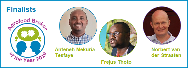 Vote now for the #Agrofoodbroker of the Year 2019! The finalists are: Anteneh Mekuria Tesfaye of BENEFIT-SBN <a href="/WUR_WCDI/">Wageningen Centre for Development Innovation</a>; Frejus Thoto of @acedbenin; and Norbert van der Straaten of <a href="/VDS_ACAMPO_BV/">Holland Green Tech - NL</a>. 
The online voting poll is open until February 9, 2020: knowledge4food.net/vote-for-agrof…