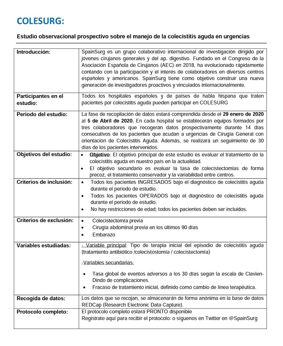 ¿Eres cirujano o residente de cirugía en algún centro de España o #Latam? Aún estás a tiempo de participar en el 1° estudio de @SpainSurg  sobre el manejo de #colecistitis aguda #España #Latam 

Regístrate 👇👇forms.gle/oRVsk28xHQ7fpd…

#Some4HPB #Emergsurg