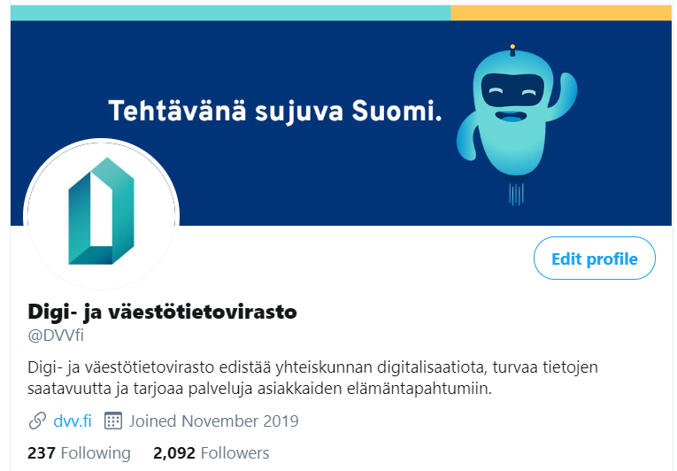 Hei, johan seuraat <a href="/DVVfi/">Digi- ja väestötietovirasto</a> -tiliä? Tätä Twitter-tiliä ei enää päivitetä, mutta täällä on edelleen hieman enemmän seuraajia kuin vuoden alussa startanneella Digi- ja väestötietovirastolla.