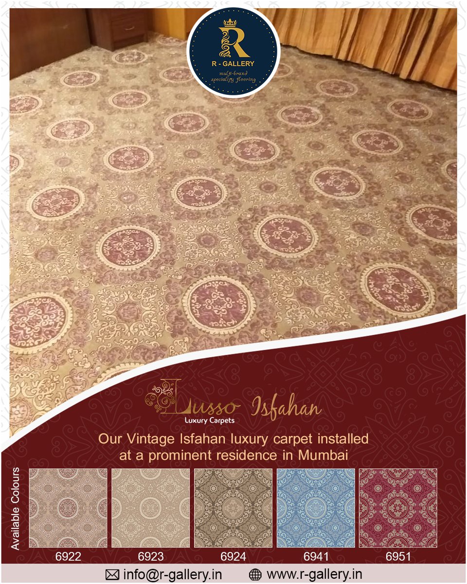 RGallery9's tweet photo. Elegance is the only beauty that never fades! We recently installed this elegant and luxury Vintage Isfahan carpet at a prominent residence in Mumbai.
Contact us for your flooring requirements today.
Visit: https://t.co/I4F6dPksGh
Or write to us at info@r-gallery.in
.
.
#RGallery https://t.co/vvqr7J0UDK
