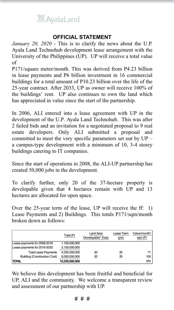 $ALI: Ayala Land statement on the UP-Ayala Land Technohub development lease arrangement.