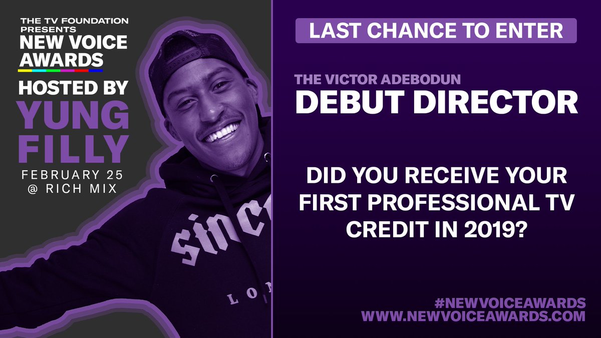 🚨 CALLING ALL DEBUT DIRECTORS 🚨 If you received your first professional TV credit in 2019 then you could be in with the chance of winning the Debut Director Award at the #NewVoiceAwards hosted by @yungfilly1 Learn more: bit.ly/30u4JPm 🏆 NOT LONG LEFT TO ENTER 🏆