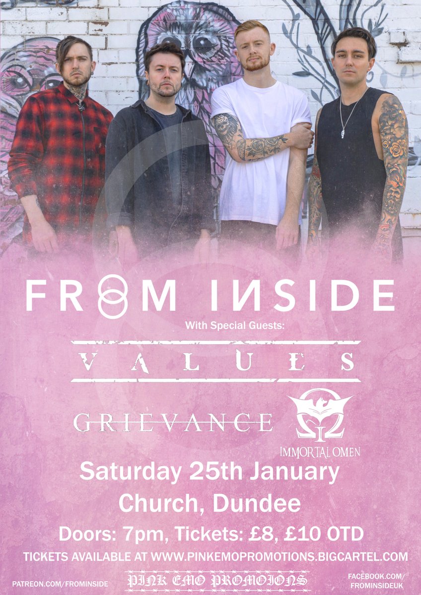 EmoPromotions's tweet image. THIS WEEK

We bring Liverpool metalcore heroes @frominsideuk to Glasgow, Dundee and Inverness for a wild Scottish weekender, with support from @values_official and @GrievanceUK.

Tickets still available at pinkemopromotions.bigcartel.com