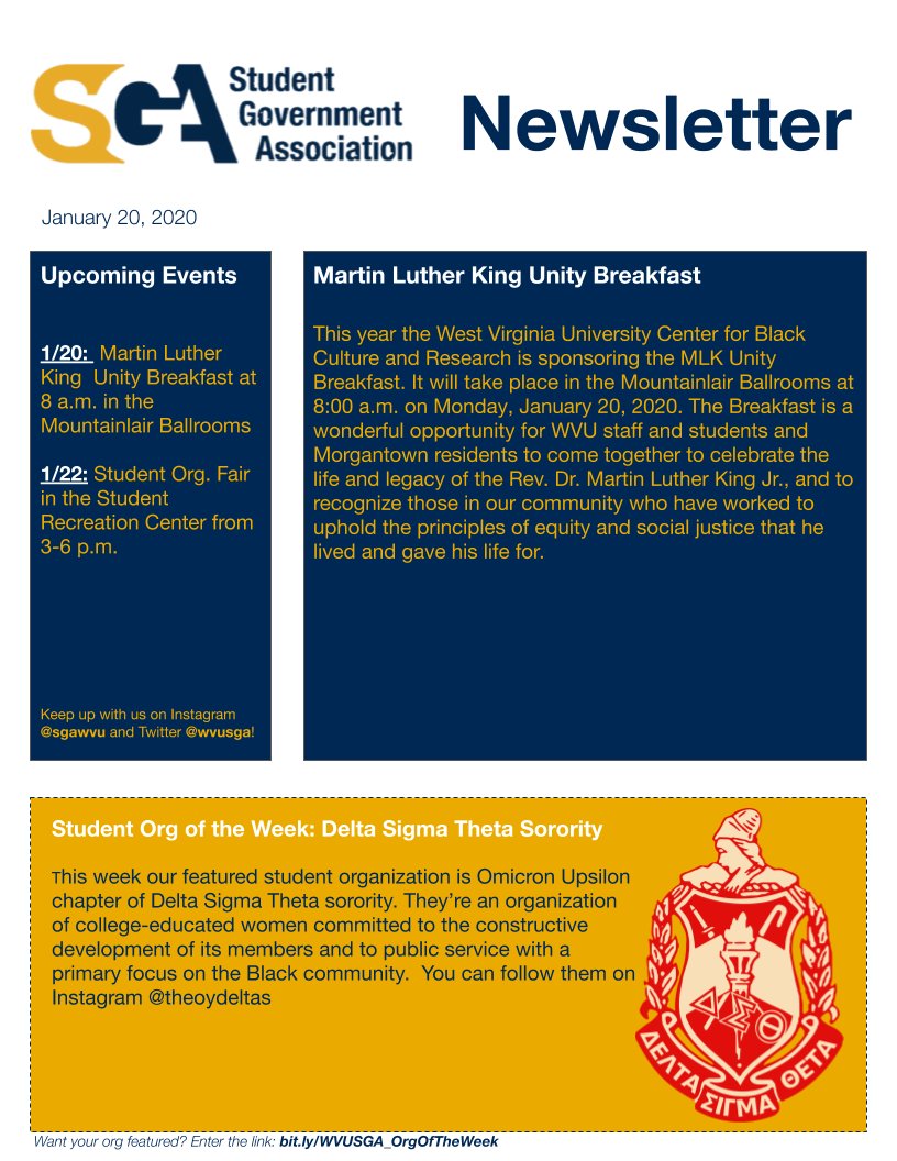‼️ Check out the newsletter for the week of January 20 ‼️ Don’t miss the MLK Unity Breakfast and Student Org Fair this week. Our featured student organization is Delta Sigma Theta <a href="/TheOYDeltas/">WVU Deltas</a>