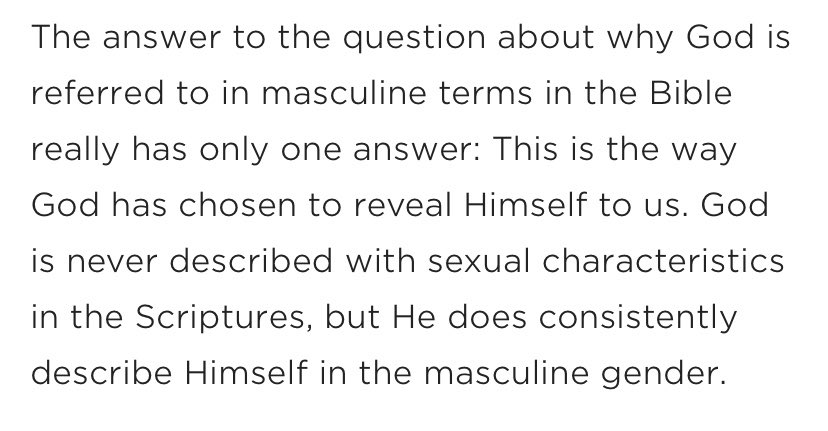 revellie1118's tweet photo. This false mansplained “explanation” of God’s gender is neither true, nor scriptural. #patriarchy #Godisnotmale The scriptures have been translated and interpreted by male dominated cultures. WE reveal God as male. This is from the Billy Graham assoc. https://t.co/rLYqeBi7TK