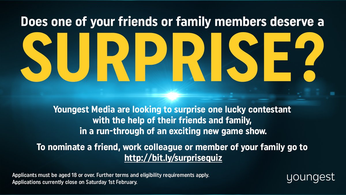 Hey <a href="/CastingPug/">Casting Pug</a> would you RT our casting call? 
We’re on the hunt for London/SE applicants for a run-through for a new game show with a twist!
We want you to nominate a friend, family member or colleague to take part! 
Apply at bit.ly/surprisequiz