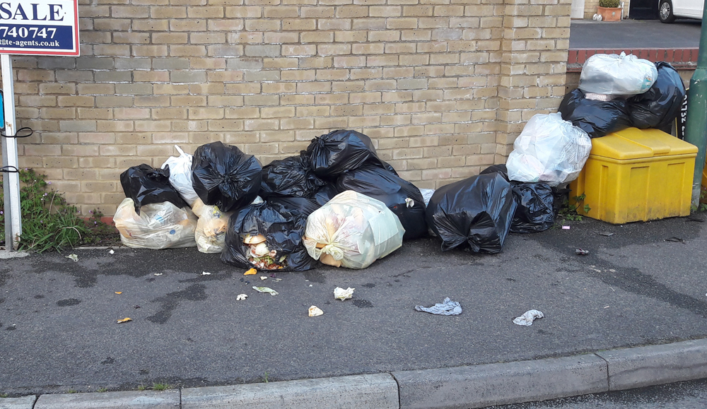 Black and white rubbish sacks on a pavement, some open with food waste spilling out