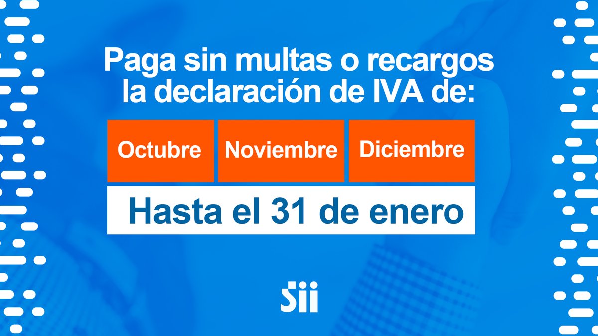 SII_Chile's tweet photo. 🛑[ATENCIÓN]🛑: Informamos que personas, micro pequeñas y medianas empresas podrán realizar su declaración de IVA de octubre, noviembre y diciembre hasta el 31 de enero, sin ningún tipo de recargo. https://t.co/bKbEyQG2CV