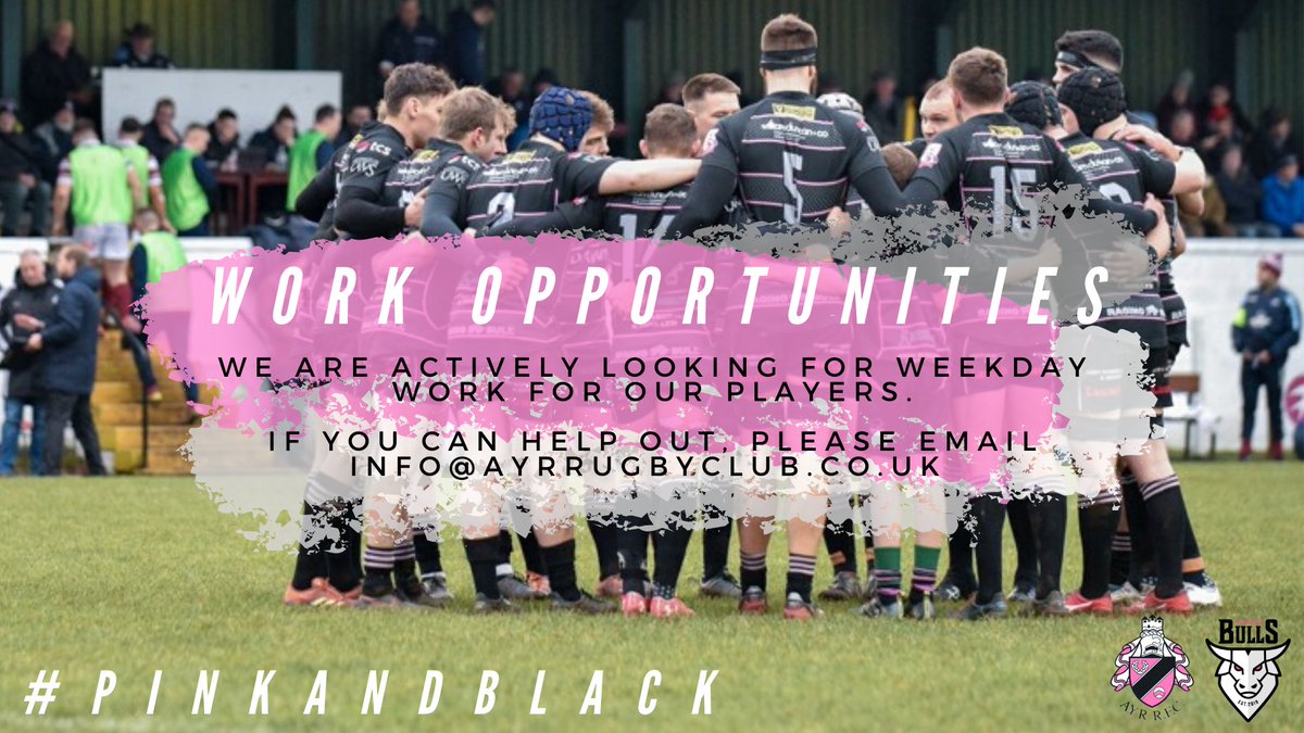 AyrshireBulls's tweet photo. 🖥️🐂If anyone can help out our Bulls with weekday work opportunities, please email: info@ayrrugbyclub.co.uk! #backingthebulls https://t.co/czHZsBNrDV