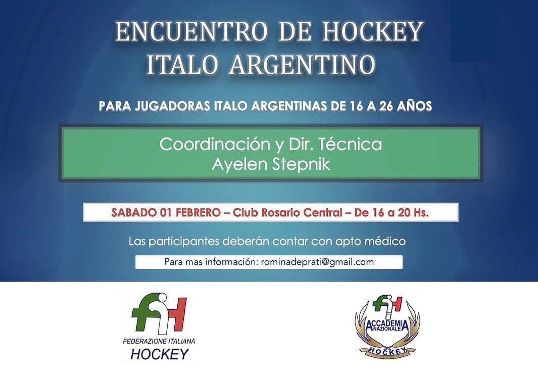 AyelenStepnik's tweet photo. Junto a la #FederazioneItaliana de hockey voy a estar en la coordinación y Dir. técnica del encuentro ITALO ARGENTINO.
 Consiste en seleccionar jugadoras federadas de hockey,Italo Argentinas que tengan la ciudadanía italiana 🇮🇹 o puedan llegar a realizarla
rominadeprati@gmail.com https://t.co/GaNwnBwl3n