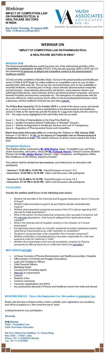 VaishLaw's tweet photo. #Webinar_Invitation
Webinar of "Impact of Competition Law on Pharmaceutical &amp; Healthcare Sectors in India"

Day &amp; Date: Thursday, 30 January 2020
Time: 11.00 am to 2.00 pm (IST)

For registration, please click at> https://t.co/BbRJA5wKMl

#CCI #Webinar #CompetitionLaw #Antitrust https://t.co/MM6O5kbagt