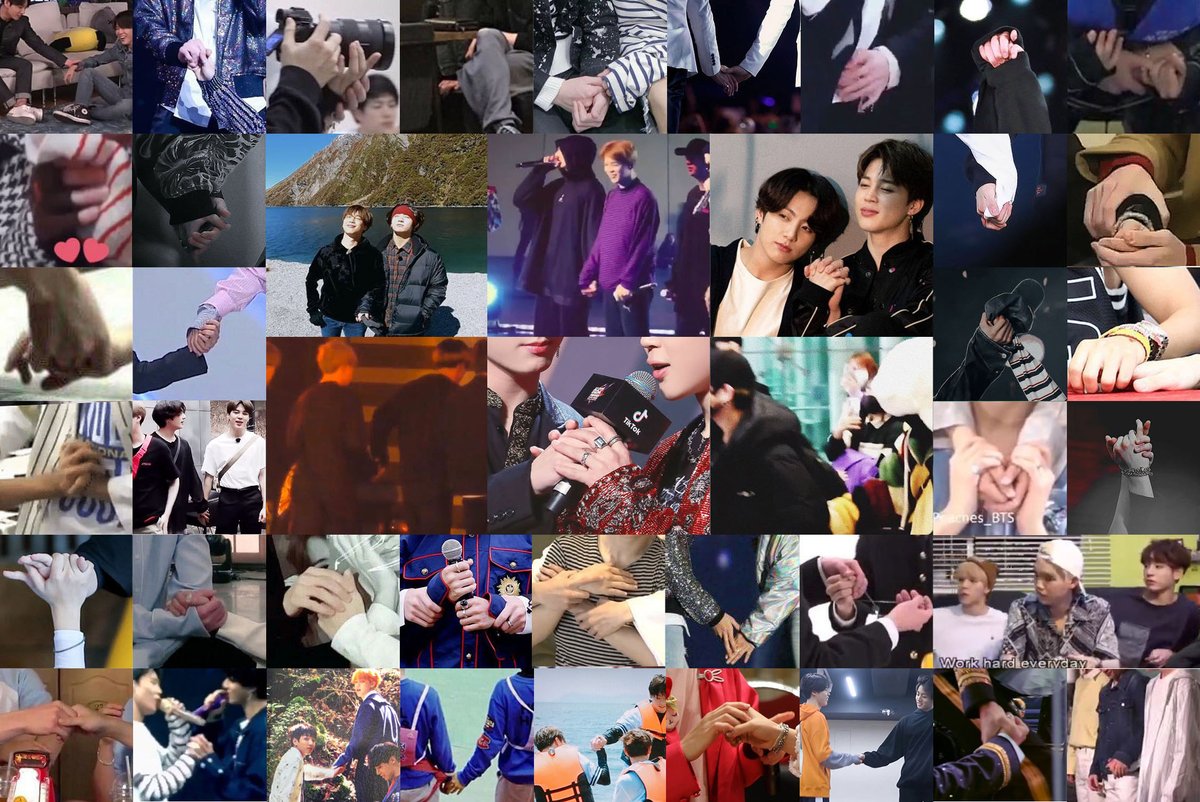 30. Holding HandsJikook are that kind of couple who hold or caress eo's hands for no reason at all or find some excuses to do so. No matter they're on the stage, behind the camera, at a photoshoot, rehearsal or the airport, they do it whenever they can.