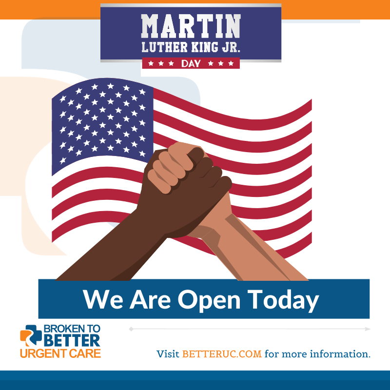 BrokenToBetter's tweet photo. Happy Martin Luther King Day
We are open today.
http://bit.aly/Check-In-BrokentoBetterUrgentCare
...
#RockHilll #SouthCarolina #SC #UrgentCare #Walkin #Clinic #DrBaker #MedicalCenter #RockHillDoctor #BrokenToBetter https://t.co/YusSb4sFiT