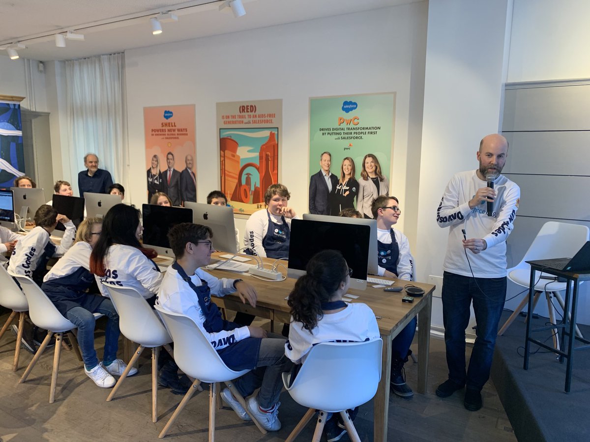 Amazing 7th graders here in Davos learning how to leverage micro sensors and AI to measure climate, habitat and air quality here in ⁦@Davos⁩ Great partnership between @salesforce and ⁦@naturebytesuk⁩ #davoscodes