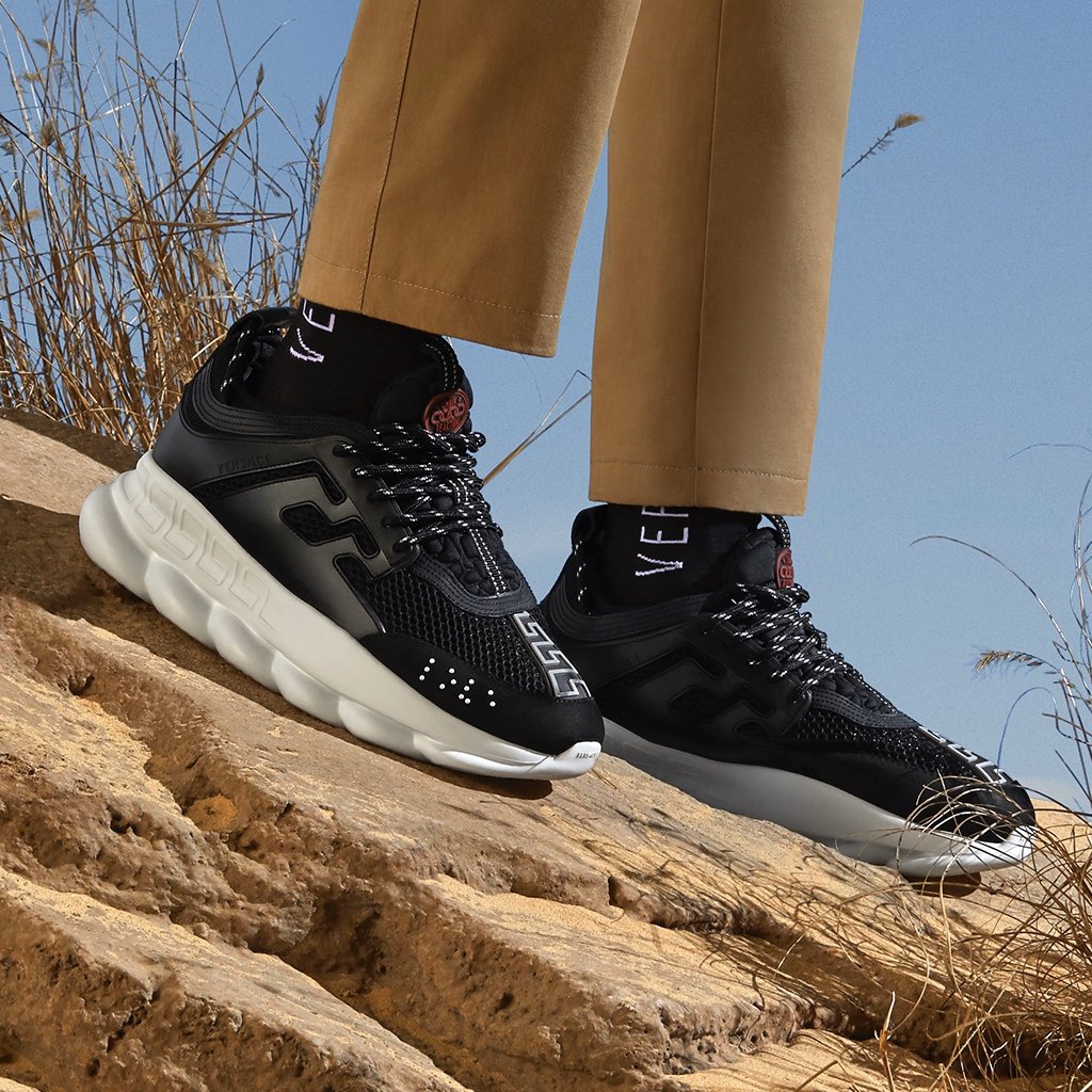 Versace's tweet photo. An array of looks from the #VersaceCruise20 Collection are complemented with the iconic #VersaceChainReaction sneakers.
Find them now: https://t.co/cQxQt2he7B https://t.co/83mHZJj87g