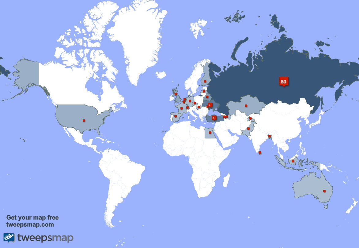 I have 17 new followers from Russia, and more last week. See tweepsmap.com/!IVFRT