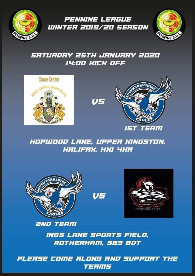 This weekend’s fixtures 💪🏉<a href="/EaglesYorkshire/">South Yorkshire Eagles</a> <a href="/pennineleague/">Pennine League</a> <a href="/kxprlfc/">King Cross Park RLFC</a> @almondburyspartans