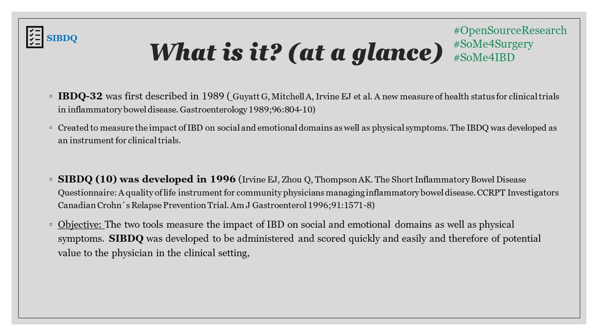 GianlucaPellino's tweet photo. What is it (at a glance)?
Short-IBDQ #OpenSourceResearch #OSRweek2
Link to original #SIBDQ paper by Irvine et al. (1996) in PubMed here:
https://t.co/ybbr5cvFgE
@j_rosellon @monicamillan72
#SoMe4Surgery #SoMe4IBD #colorectalsurgery
@MondaNightIBD #IBD #colorectalresearch https://t.co/9bRoDHA1rX