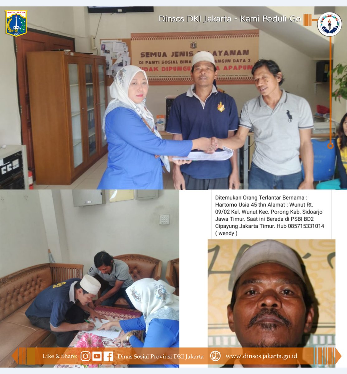 DinsosDKI1's tweet photo. #KawanSosial, Bersinergi dgn TKSK Kec. Porong Kab. Sidoarjo ada nya Orang Terlantar bernama Hartomo 45 thn Asal Sidoarjo, sdh berkumpul dgn keluarganya.#Minsos berterimakasih kepada Rekan Rekan yg sudah membantu menemukan pihak keluarganya.
#DinsosPeduli #KamiPeduliGo #DinsosDKI https://t.co/PLHIxBsRNd