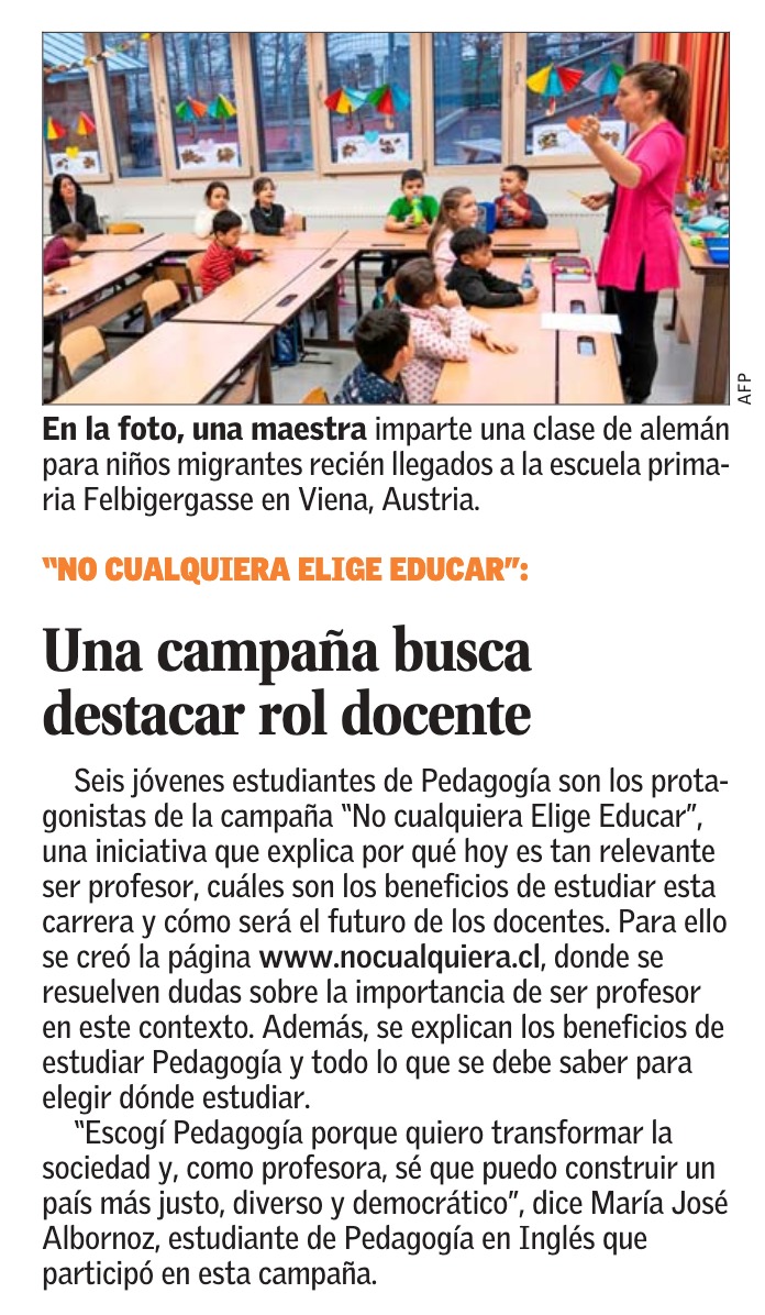 ¡#NoCualquiera elige ser agente de cambio, no cualquiera Elige Educar! Hoy en <a href="/ElMercurio_cl/">elmercurio_cl</a> contaron un poco sobre nuestra campaña, que la protagonizan varios tutores de nuestro programa de acompañamiento #QuieroSerProfe 🥰. Revisa los detalles 👉nocualquiera.cl