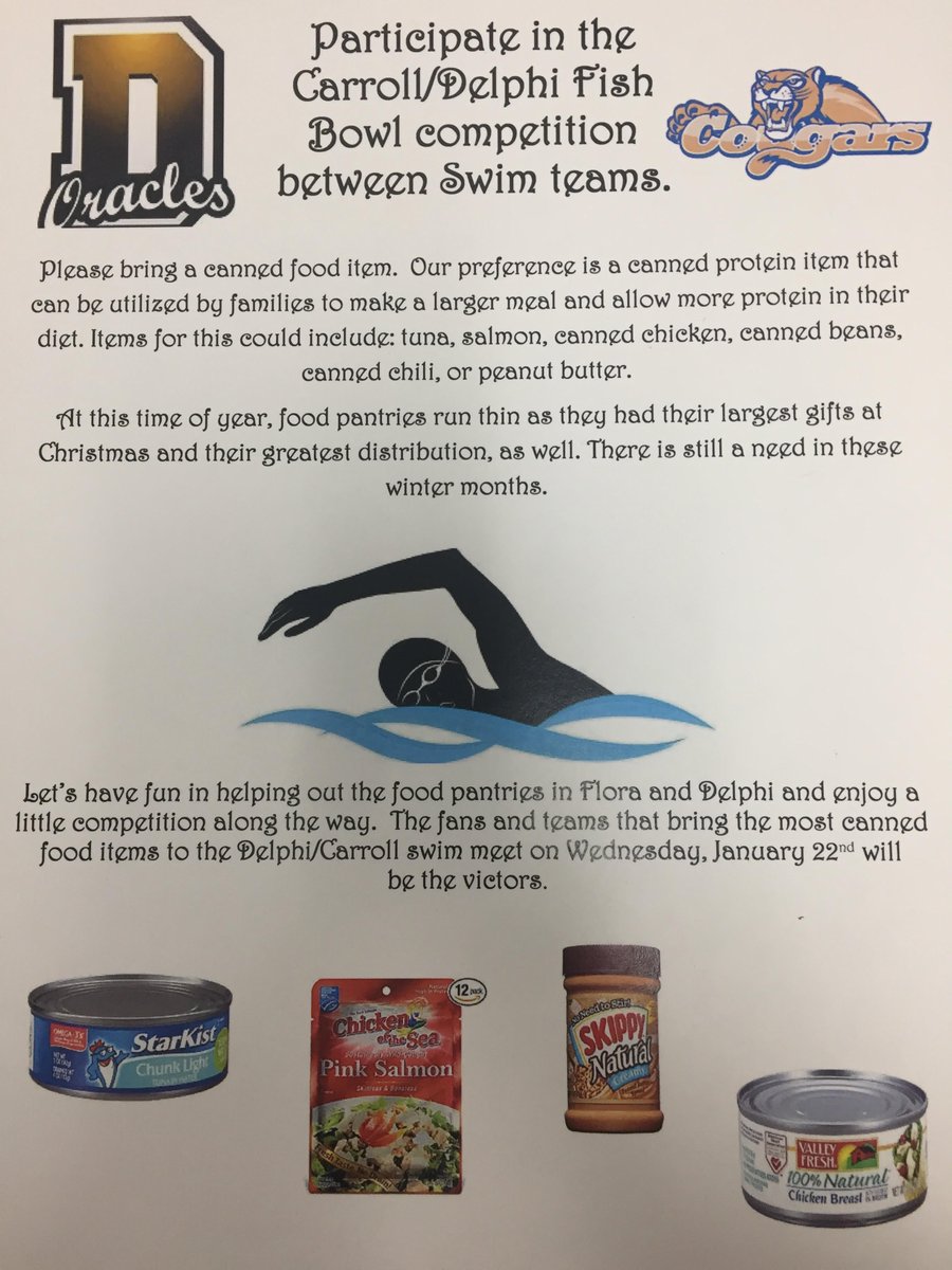 Support <a href="/cougarswimming/">Carroll Coed Swimming & Diving</a> and the 1st Annual Fish Bowl! Bring canned goods to the swim meet this Wednesday vs. Delphi! All food collected will go to the Flora and Delphi food pantries.