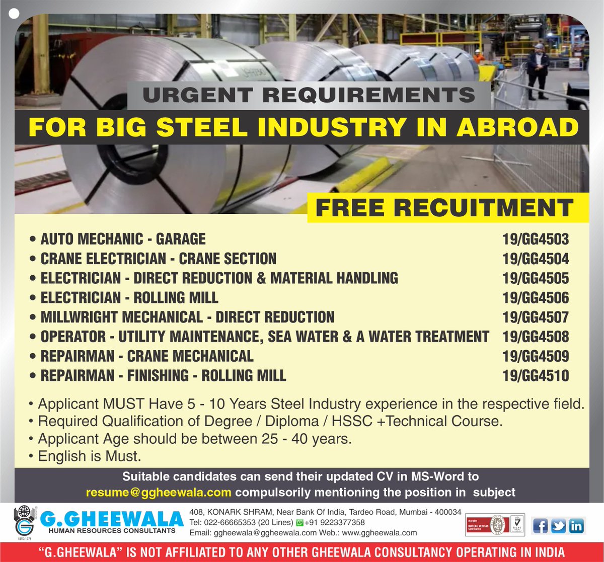 ggheewala1's tweet photo. #Steel_Industry #Auto_Mechanic #Garage #Crane_Electrician #Crane_Section #Electrician #Direct_Reduction #Material_Handling #Rolling_Mill #Millwright #Mechanical #Operator #Utility_Maintenance #Sea_Water_Treatment #Repairman #Crane_Mechanical #Repairman_Finishing #Diploma #Degree https://t.co/H2zuxiuNRF