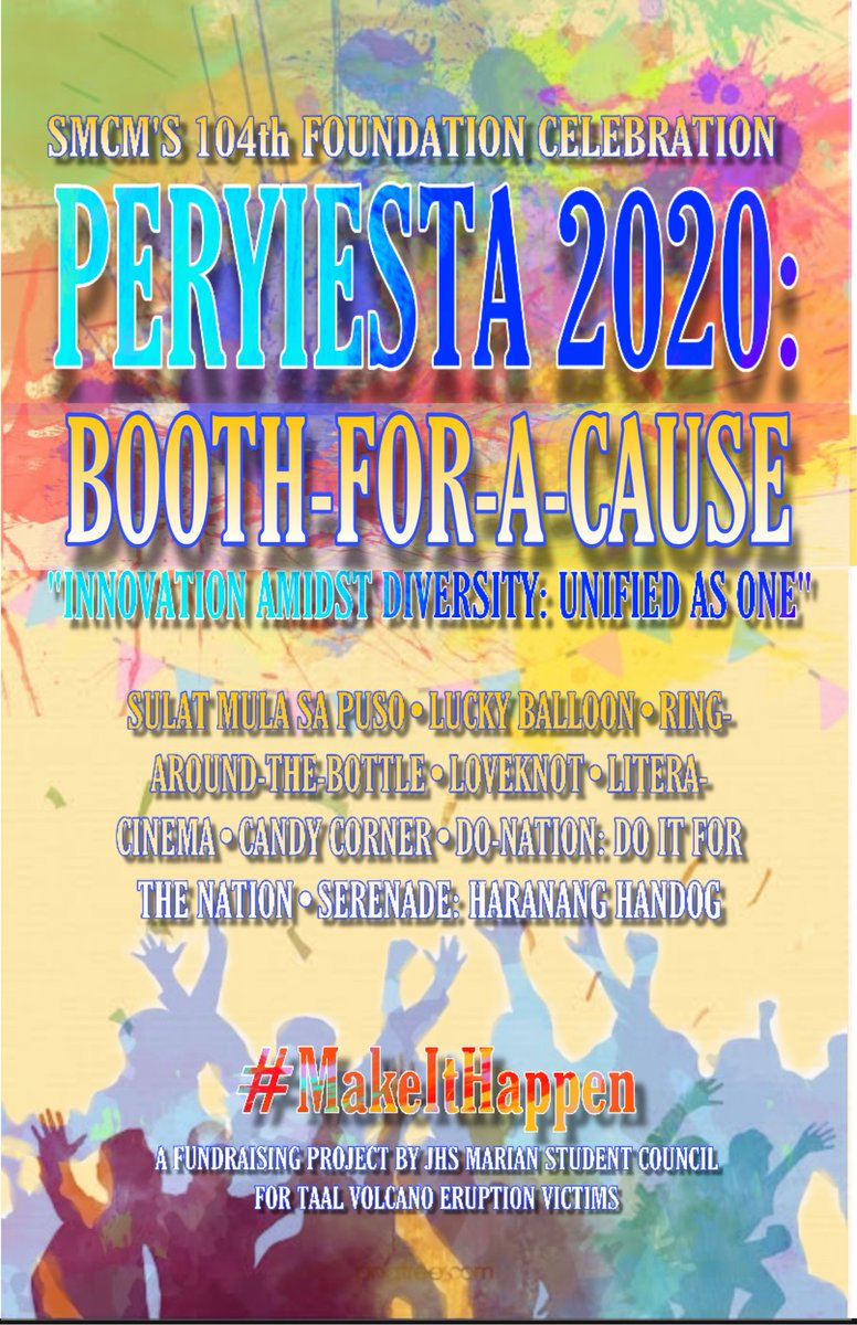 CouncilSMCM's tweet photo. Marians, are you ready for the #SMCM104THFoundation?

Makisaya't makiisa na sa #Peryiesta2020! Fun games &amp; booths are set up for your enjoyment! The best part? All proceeds will go towards a great cause! 

Let us be UNIFIED AS ONE and #MakeItHappen this Foundation, Marians! 🎉💙 https://t.co/Cx5RrINkEU