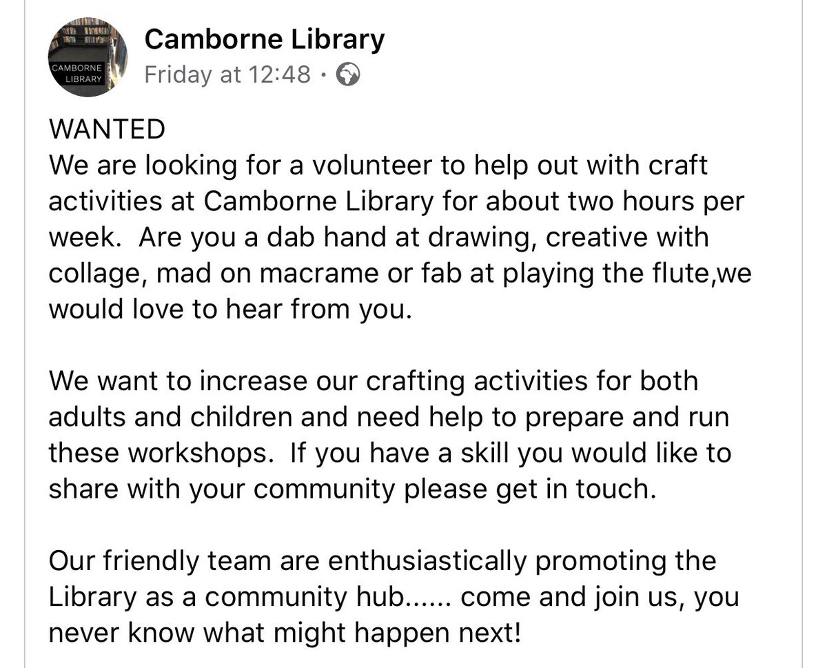 CamborneTown's tweet image. Can you help @CamborneLibrary?
They are looking for a volunteer who can call on their best blue peter skills to help with their Craft activities for a couple of hours each week - see below for more info. 
#VolunteerCamborne #Camborne #YourLocalLibrary #ChooseCamborne