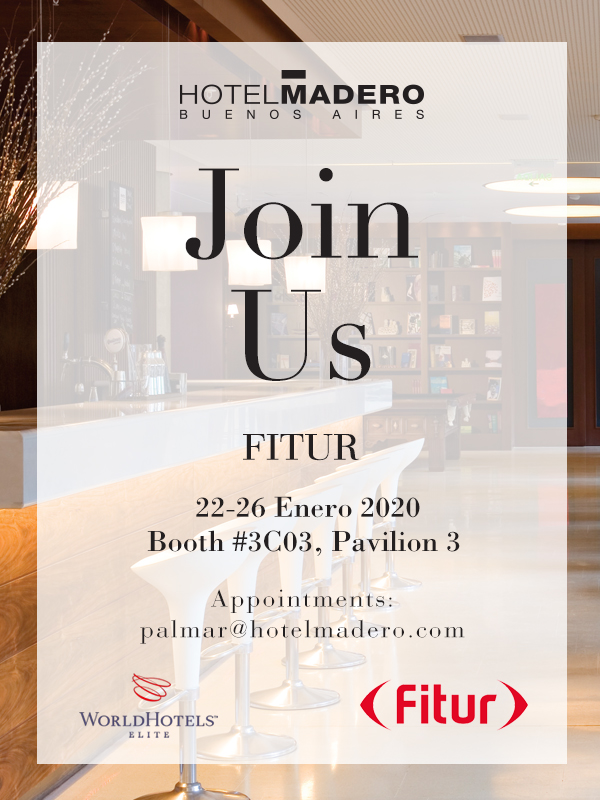 En Enero, come #JoinUs!

Del 22 al 26 de este mes estaremos participando de la Feria Internacional del Turismo "FITUR" <a href="/fitur_madrid/">FITUR</a> 

Para visitarnos, contactarse a palmar@hotelmadero.com