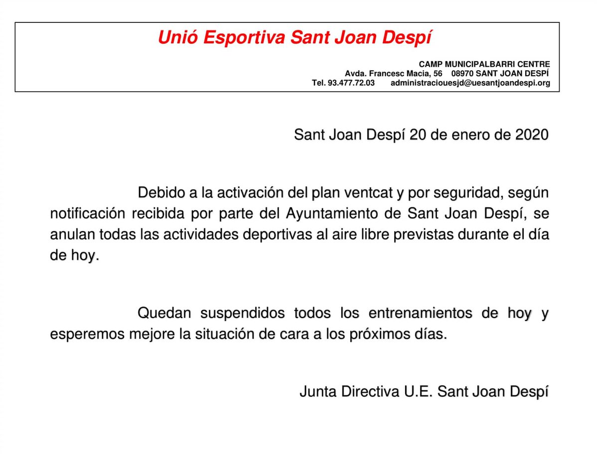 Debido a la activación del plan #VENTCAT  y por seguridad, según notificación recibida por parte de <a href="/DESPIesport/">DESPÍesport</a> <a href="/AjSJDespi/">Ajuntament Sant Joan Despí</a> se anulan todas las actividades deportivas al aire libre previstas durante el día de hoy. Informamos que quedan suspendidos todos los entrenamientos de hoy.
