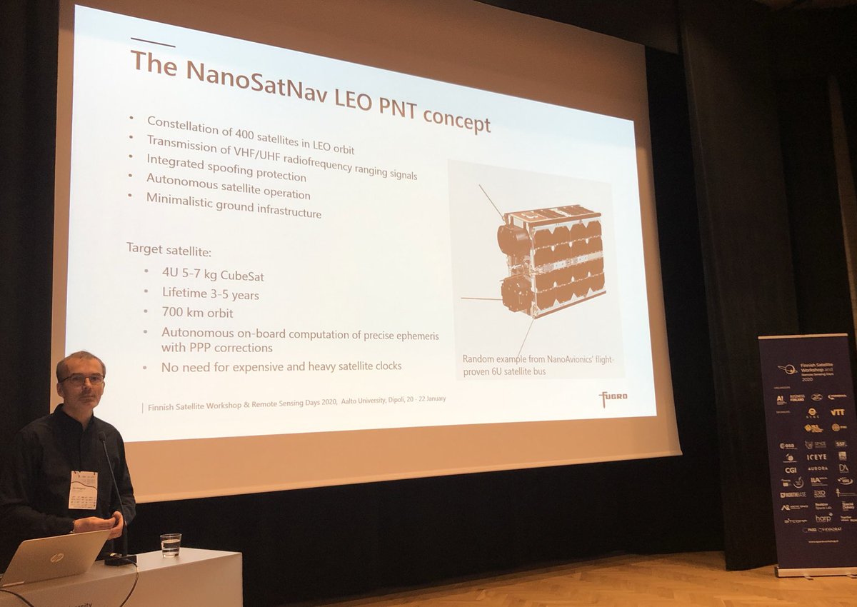 A future development that I am super excited about - position, navigation and time from low earth orbit #satellites 🛰 - both outdoors and indoors! Presented by Tor Melgard from @fugro Norway at #FSW2020 Keep an eye on this! #LEOPNT #LEOGNSS #NanoSatNav