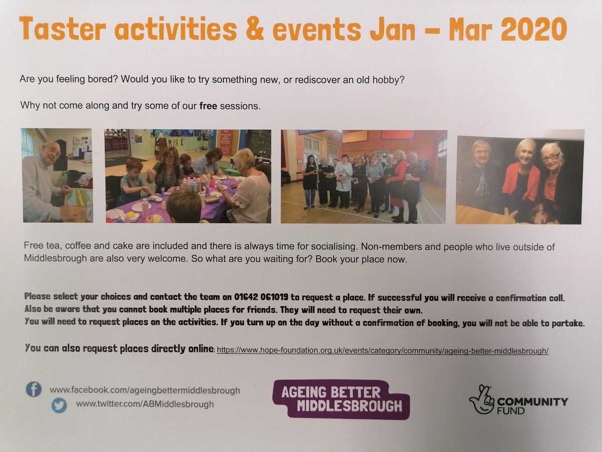 Are you over 50 and living in Middlesbrough? Are you looking at getting out of the house and meeting new people? 

Well bin those #BlueMonday thoughts and give us a call. We will send you one of our Taster Session booklets, jam packed with lots of great activities.