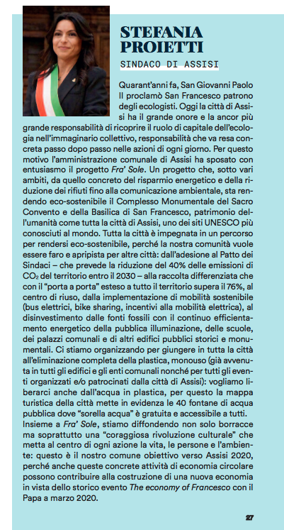 Ecco la testimonianza, pubblicata nell'inserto speciale di <a href="/Valori_it/">Valori.it</a> dedicato a #FraSoleAssisi, di <a href="/stef_proietti/">Stefania Proietti ن</a> Sindaco di <a href="/cittadiassisi/">Città di Assisi</a> riguardante Fra' Sole e l'entusiasmo con cui l'amministrazione di #Assisi ha sposato il Progetto di sostenibilità: frasole.org/wp-content/upl…