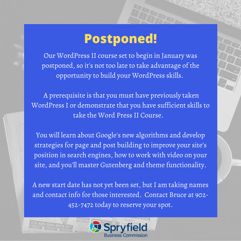 SBCHFX's tweet photo. WordPress II has been postponed. There's still time to get your name in! @AlphaSMinc @4JeffBrown
.
.
#postponed #wordpress #advancedwordpress #workplaceeducation #SpryfieldStrong #KnowledgeMakesUsStronger #madskills https://t.co/hHl56VqLc6