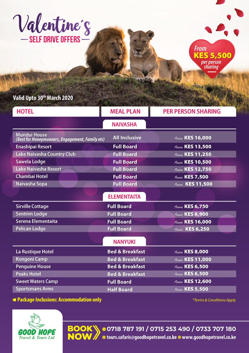 GoodHope_Travel's tweet photo. Self Drive Valentines Offer To Naivasha, Elementaita&Nanyuki🔥What are your valentine plans?Treat your spouse to a romantic weekend getaway from Ksh.5,500 pps #Tagyourbae Twende #Roadtrip Call 0718787191 #MondayMotivation #mondaythoughts #magicalkenya #Nairobi #KOTLoyalsOnly https://t.co/OYCwOkObpf
