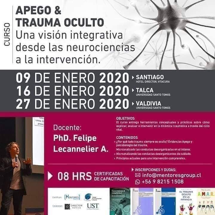 Curso; Apego &amp; Trauma Oculto; Una visión integrativa desde las neurociencias a la intervención, dictado por PhD. Felipe Lecannelier.
¡Consulta por descuentos grupales!
📌Valdivia 27 de Enero 👌(UNIVERSIDAD SANTO TOMÁS)
📲 Dudas al whatsApp +56982151508 #Valdiviacl