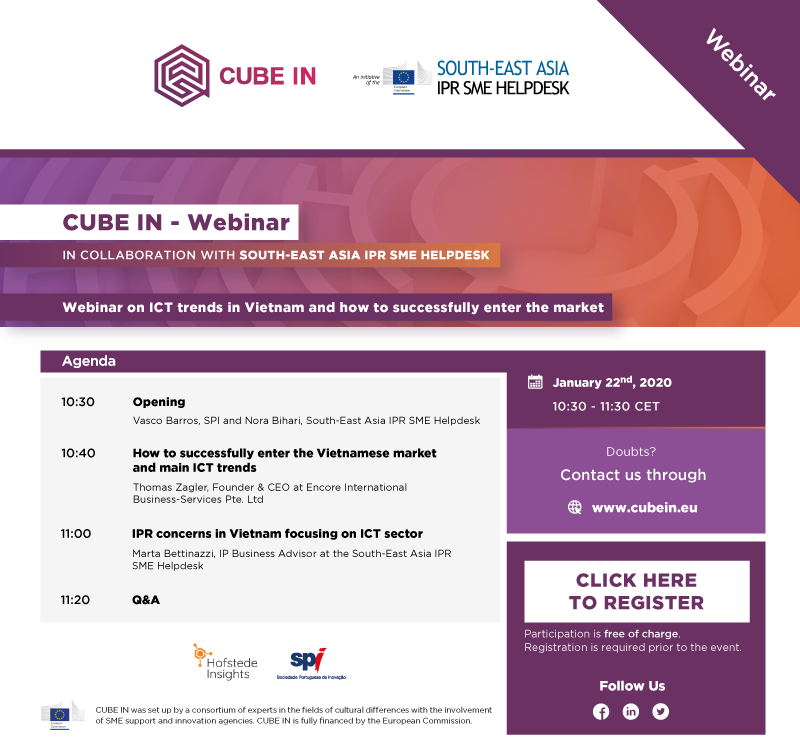 CultFactorGrp's tweet photo. Are you interested in learning more about doing business in Vietnam?
Join the next #CUBEIN webinar organised in collaboration with South-East Asia IPR SME Helpdesk on understanding ICT trends in Vietnam and how to successfully enter the market.
https://t.co/em8h3ZUrrR @Cubein_EU https://t.co/k9GlYfyc2K