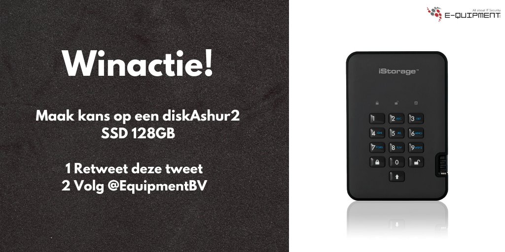 EquipmentBV's tweet image. Winactie! 🎁

Maak kans op een diskAshur2 SSD 128GB! (t.w.v. €202,-)

Het enige wat u hoeft te doen:

1. Retweet deze tweet
2. Volg @EquipmentBV 

7 februari 2020 wordt de gelukkige winnaar gekozen! 🎉

#winactie #giveaway #prize #istorage #equipment