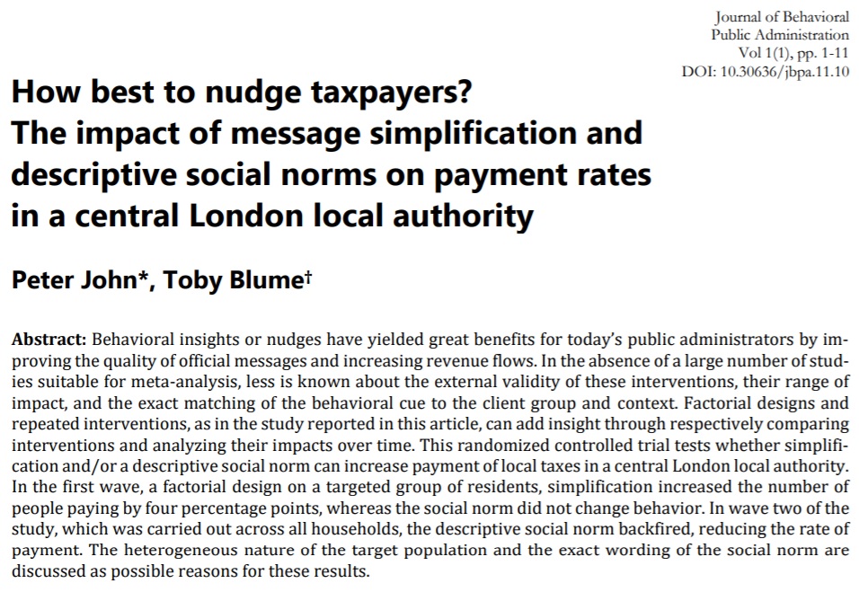 From of our list of popular pieces in the past year: >>How best to nudge taxpayers?<< By @peterjohn10 and @tobyblume Draving on previous work by @mhallsworth, @B_I_Tweets, & @1969ajo Got similar work ready for submission? Send it our way! ---> journal-bpa.org/index.php/jbpa…