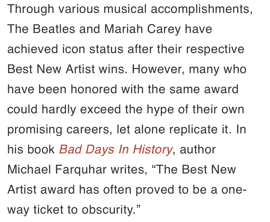 “In the last 10-15 years, most of the Best New Artist winners have proven to be successful in their own rights, as chart achievements and mainstream attention today are not the career make-or-breaks they once were.”  https://uproxx.it/7ng8aoh 