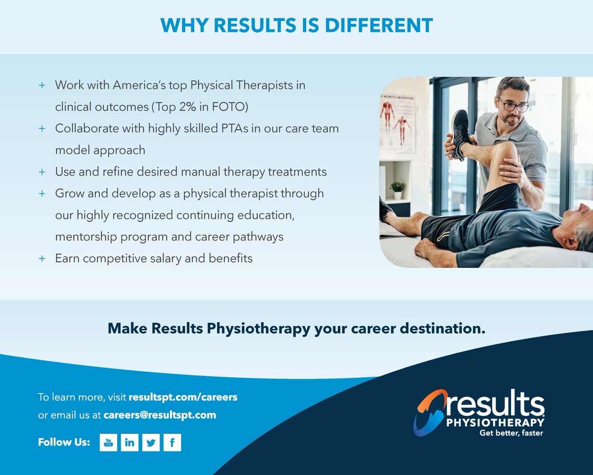 resultsphysio's tweet photo. Join Results Physiotherapy, one of the top ranked for clinical outcomes physical therapy companies in the U.S., operating a network of over 170 clinics in nine states and treating 100,000 patients annually.
#workforresults #physicaltherapy https://t.co/61fqcUQELU