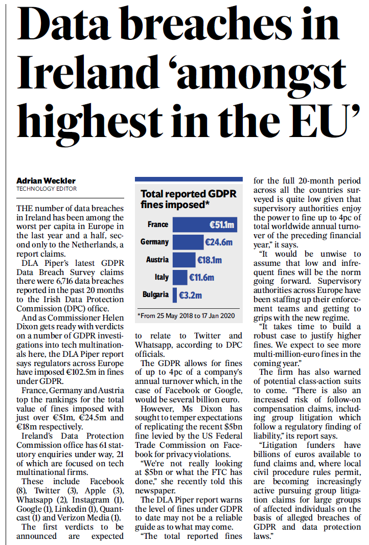 PlanetVerify's tweet photo. Article in today's #IrishDependent by Adrian Weckler reporting Ireland to be 'amongst highest in the EU' for #GDPR breaches since it's implementation in May 2018.
Read here:
https://t.co/M8N5LrGyL0
#PlanetVerify https://t.co/Fqb5Gij7Q2