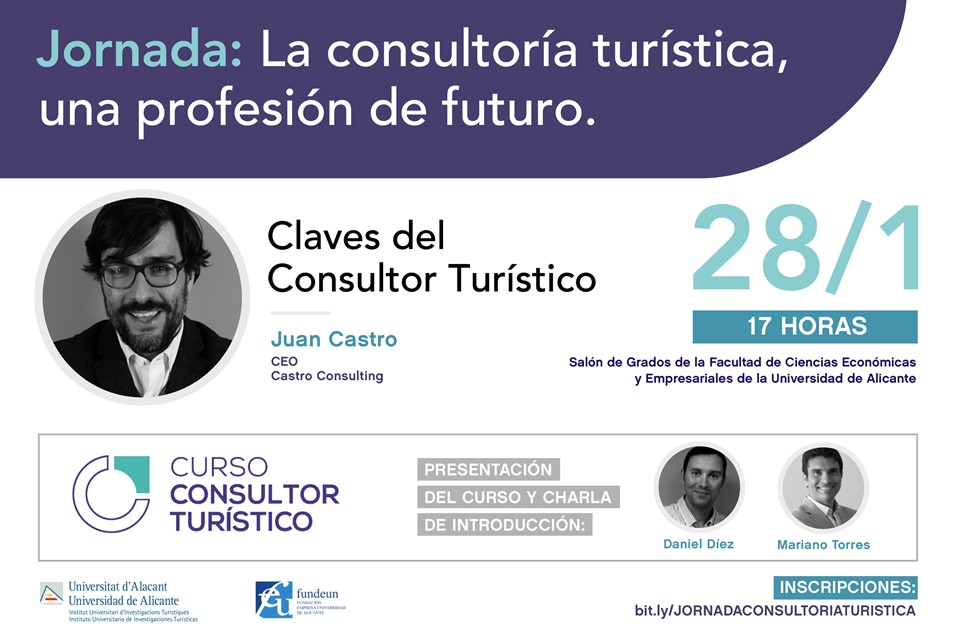 Jornada libre acceso del Curso de Consultor Turístico "La Consultoría Turística: una Profesión de Futuro" donde se presentará la formación y se analizarán las claves del consultor turístico por Juan Castro, CEO CastroConsulting Más info e inscripciones en bit.ly/JORNADACONSULT…